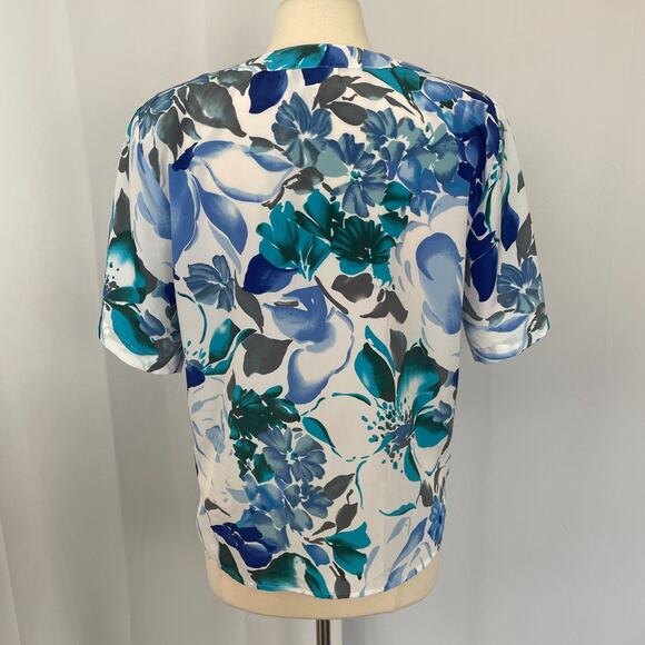 Vintage Blouse Top Size 12 Blue White Floral Short Sleeve Button Casual Office - Picture 7 of 12